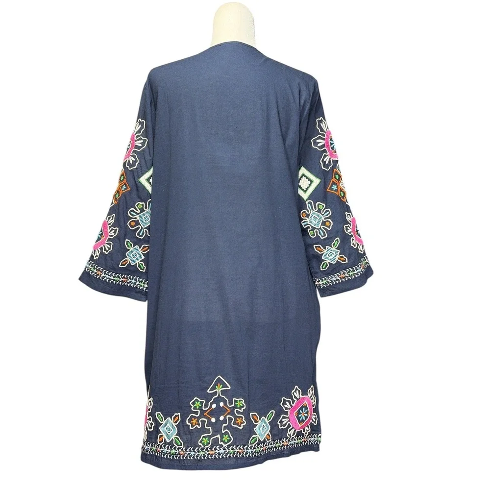 Frances‎ Valentine Capri Navy Blue Embroidered Cotton Tunic Dress Tassel Tie M